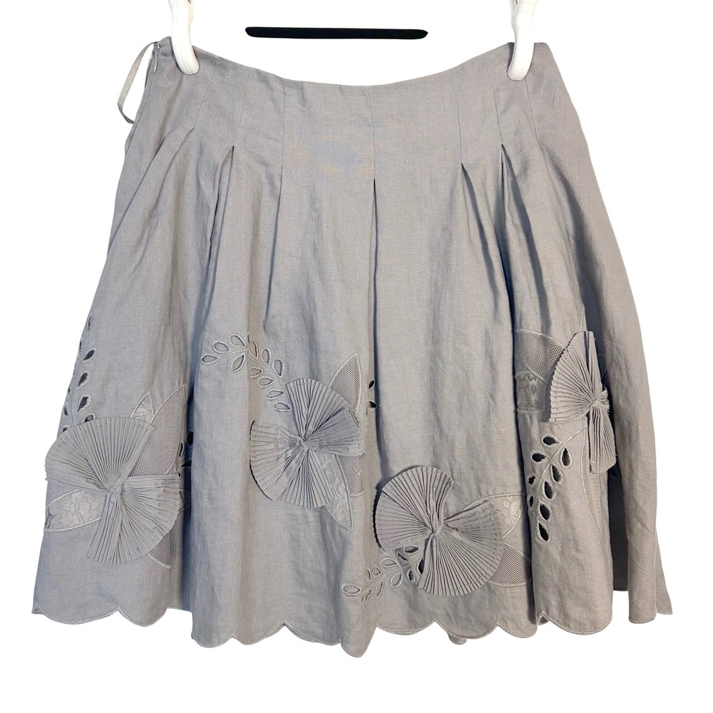 Anthropologie Elevenses Floral Applique Linen Fertile Loam A‎ Line Skirt 10 Gray